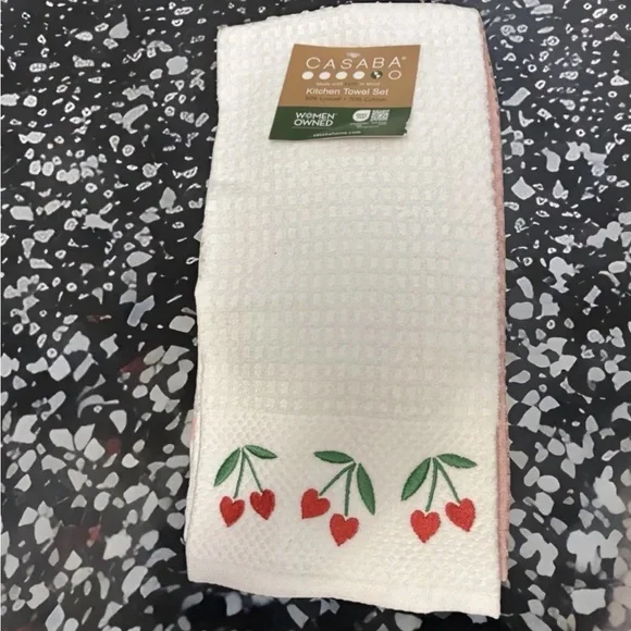 NEW Casaba Embroidered Kitchen Towel Set of 3 Hearts Solid Pink Cherries Cotton - Picture 1 of 7
